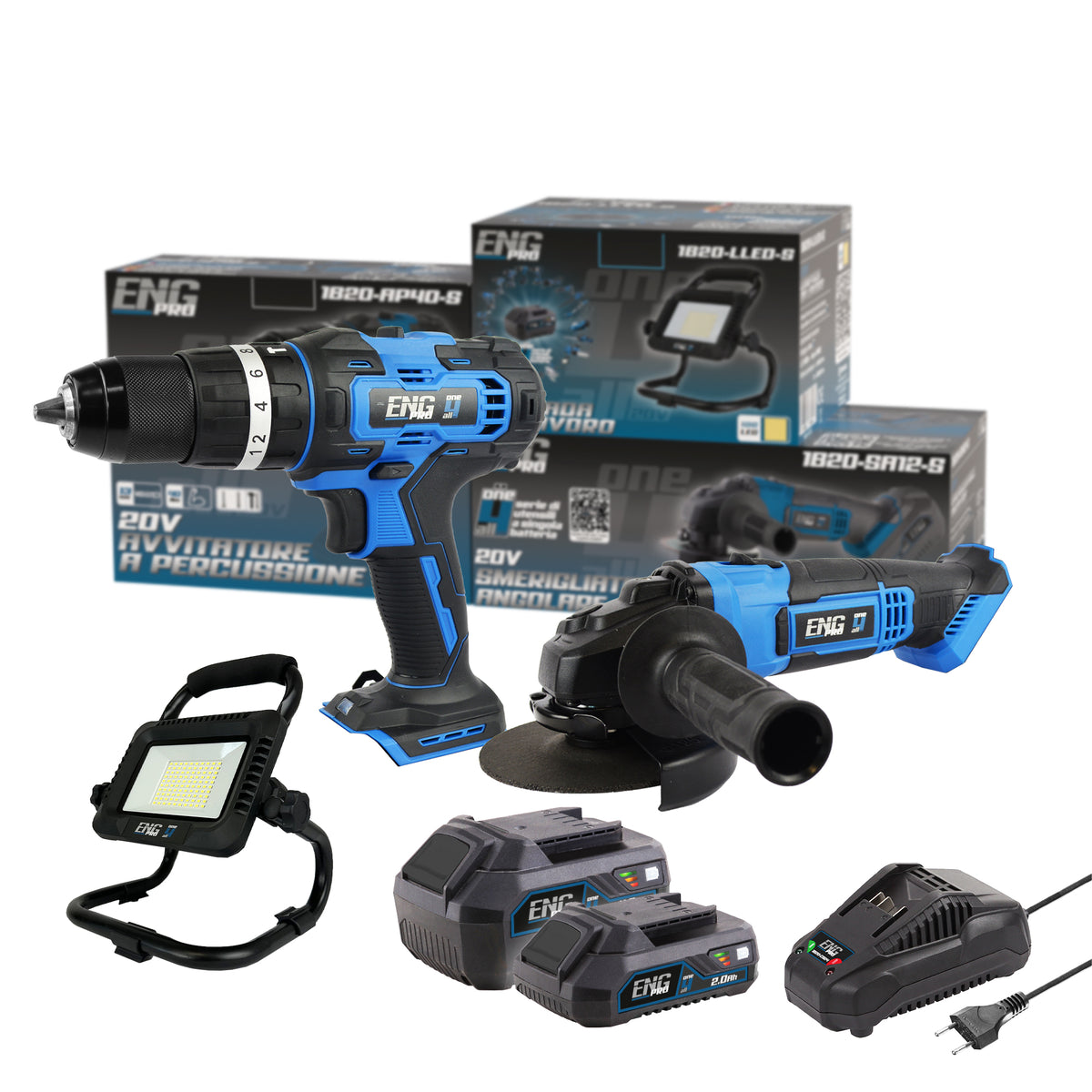Avvitatore a percussione, Smerigliatrice, Lampada e 2 Batterie 2/4.0Ah ENG PRO