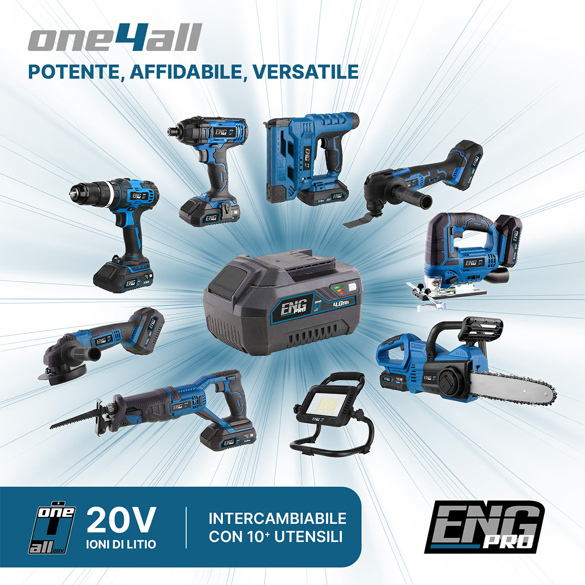 Avvitatore a percussione, Smerigliatrice, Lampada e 2 Batterie 2/4.0Ah ENG PRO