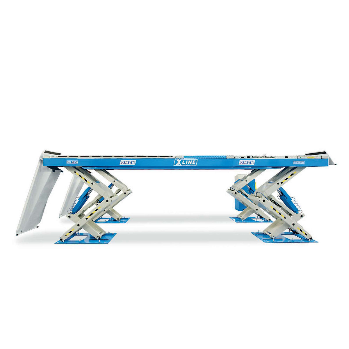 Sollevatore elettroidraulico X-LINE portata 5500 kg con lift table portata 4000 kg assetto con provagiochi