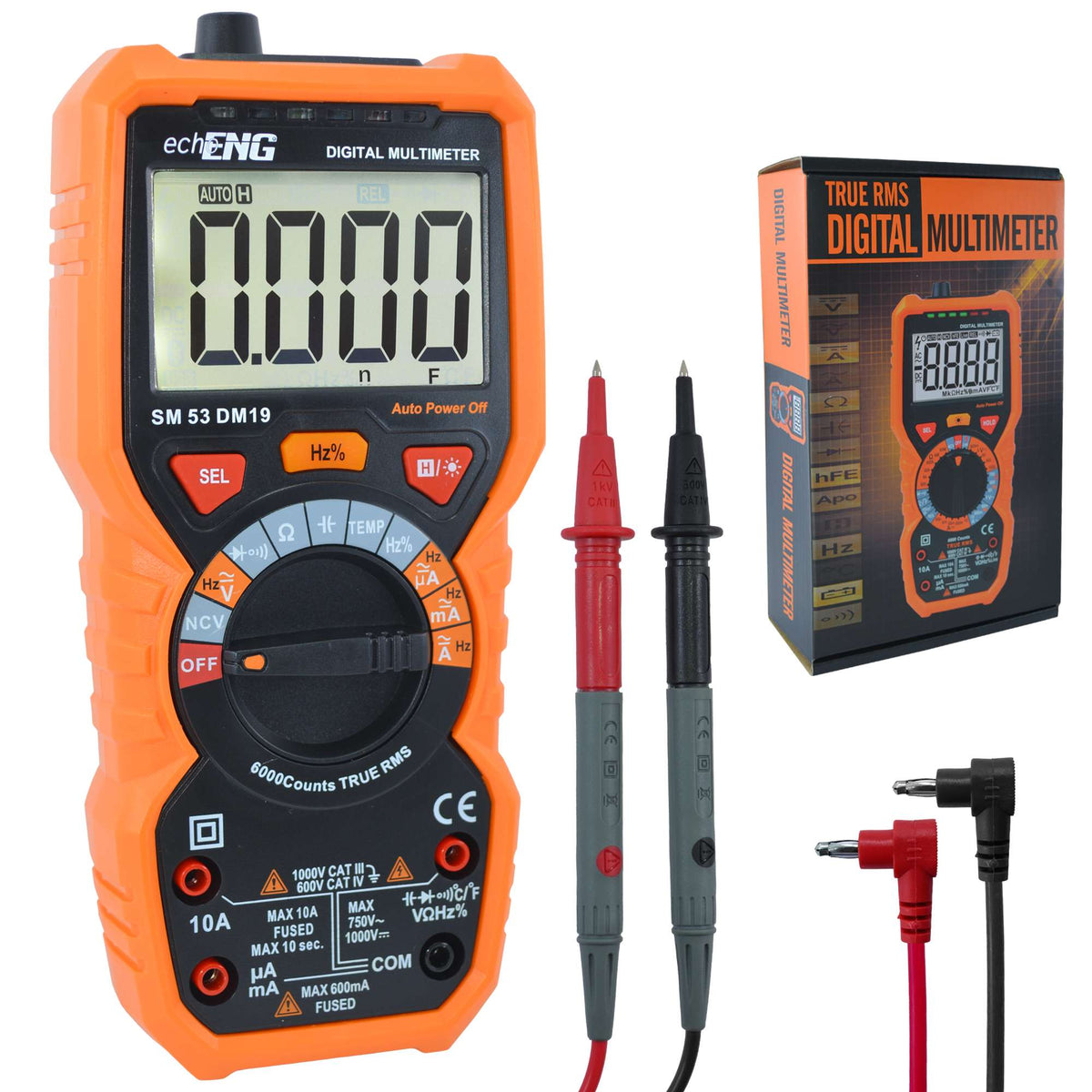 Multimetro Digitale 6000 Conti TRUE RMS, Termometro, Tensione AC/DC, CAT IV 600V / CAT III 1000V - echoENG SM 53 DM19