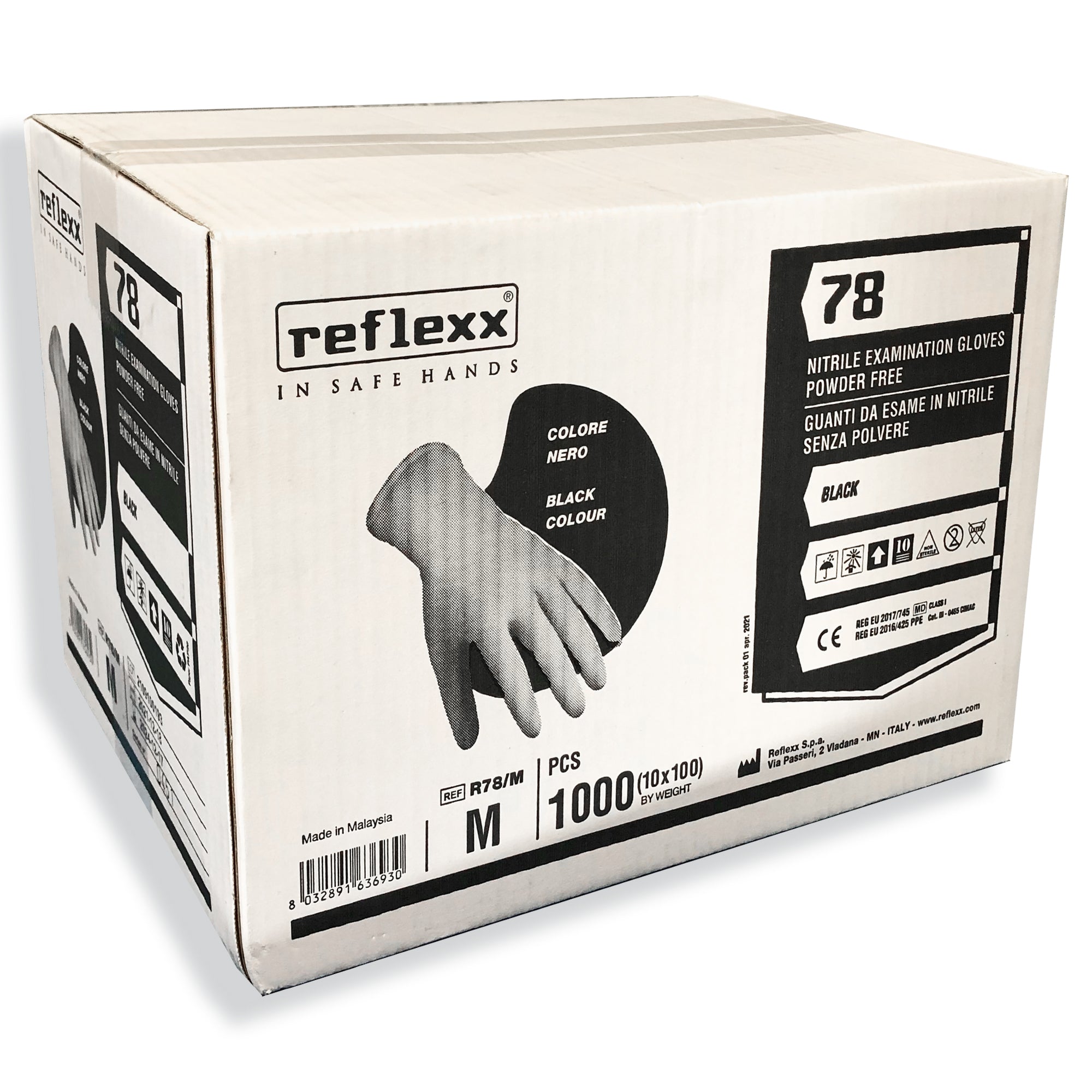 Reflexx Guanti neri in Nitrile senza polvere, medio, tg.M o XL 1000pz R78(M-XL)