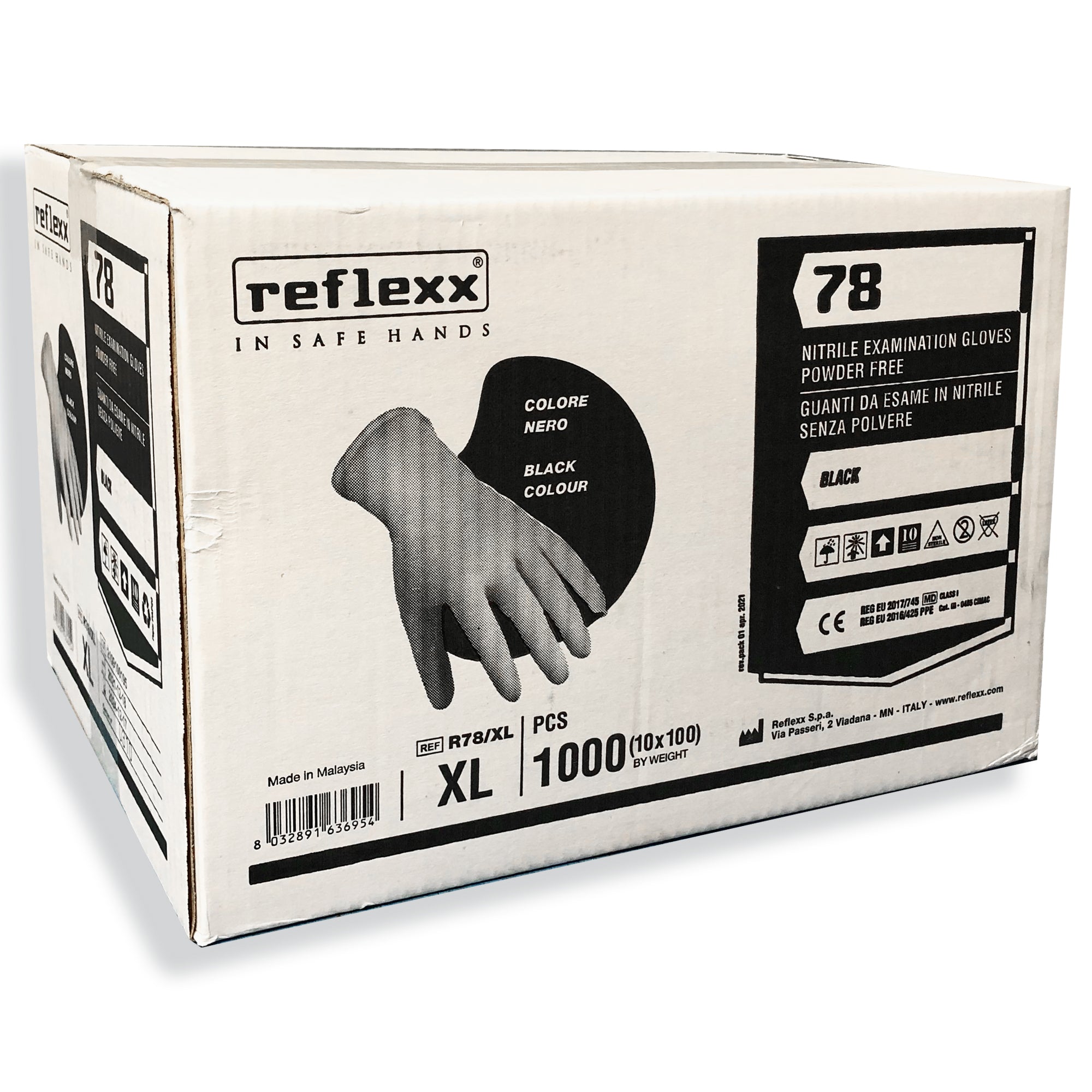 Reflexx Guanti neri in Nitrile senza polvere, medio, tg.M o XL 1000pz R78(M-XL)