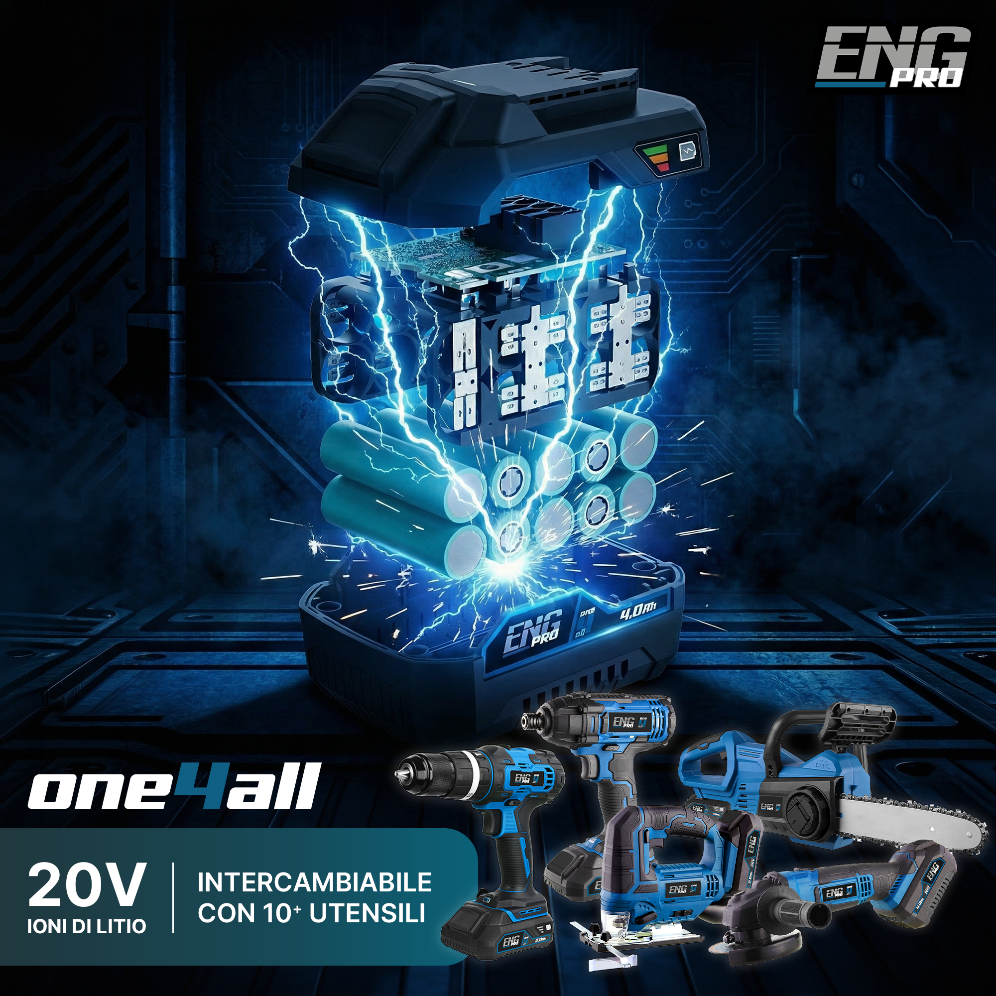 Motosega + Soffiatore + Kit ONE4ALL 2 batterie 4.0 e caricabatteria ENG PRO