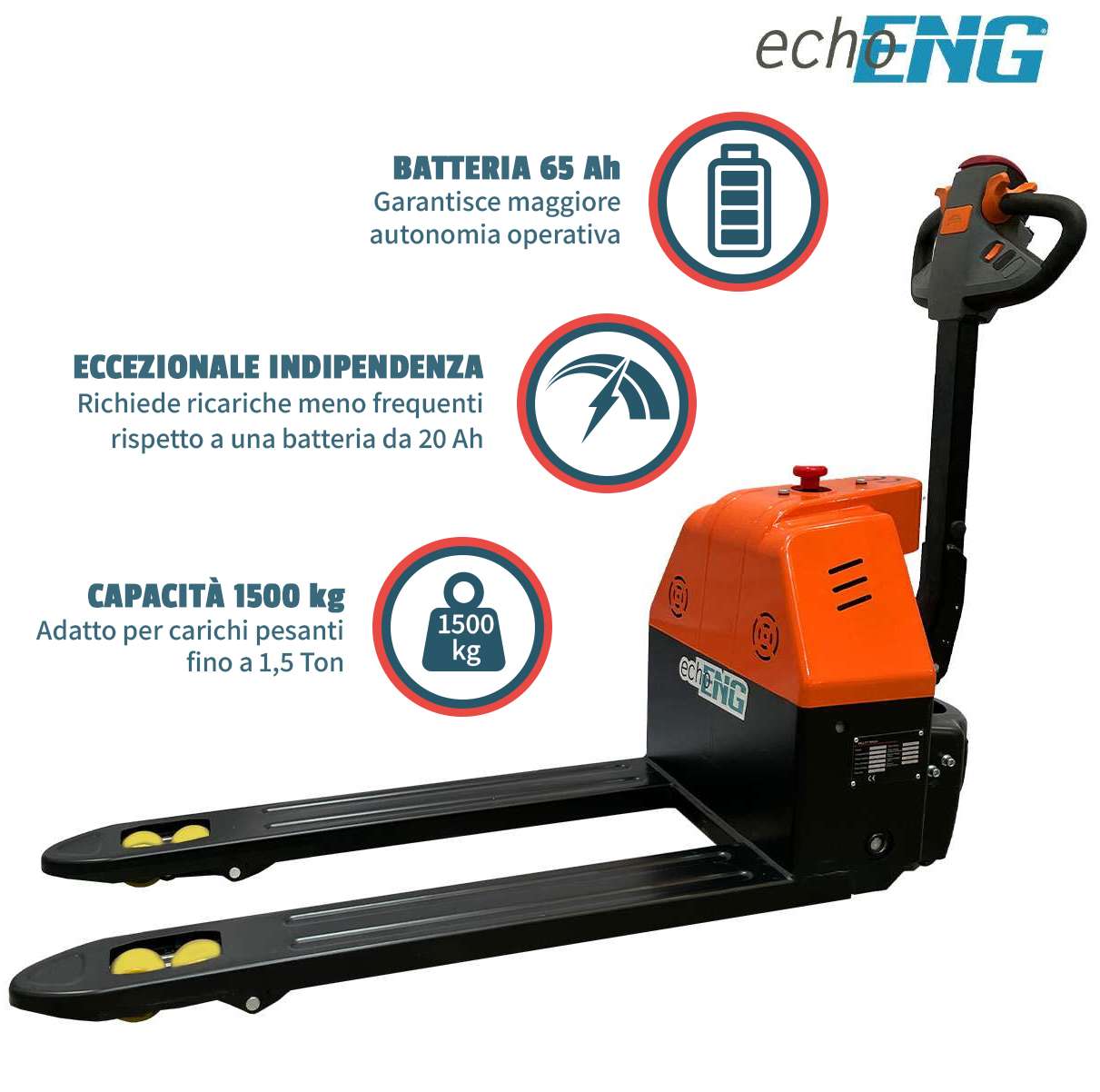 Transpallet elettrico sollevatore 1500Kg batteria 2x12V/65Ah ENG PRO MA SL ET15