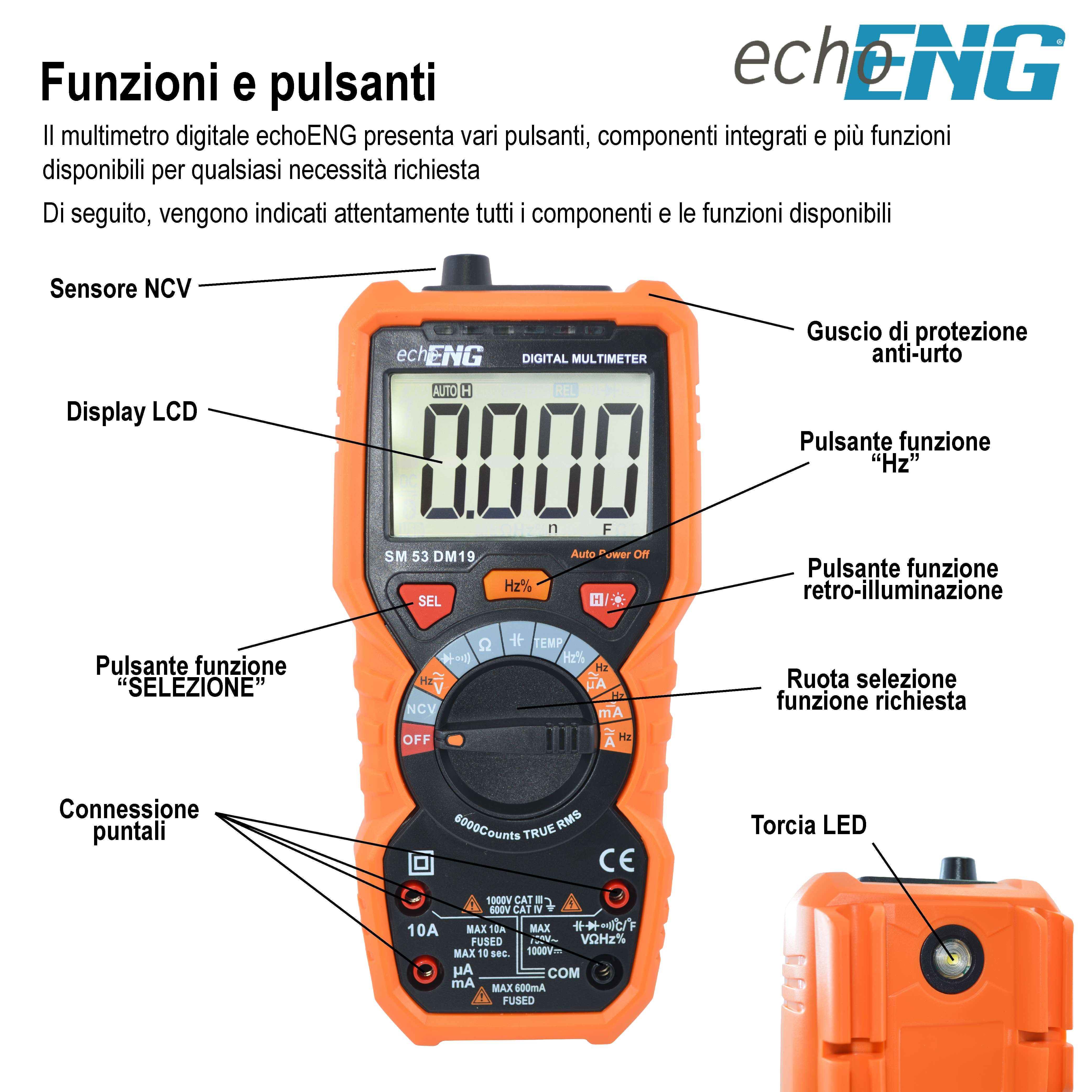 Multimetro Digitale 6000Counts 600V CAT IV e 1000V CAT III - echoENG SM 53 DM19