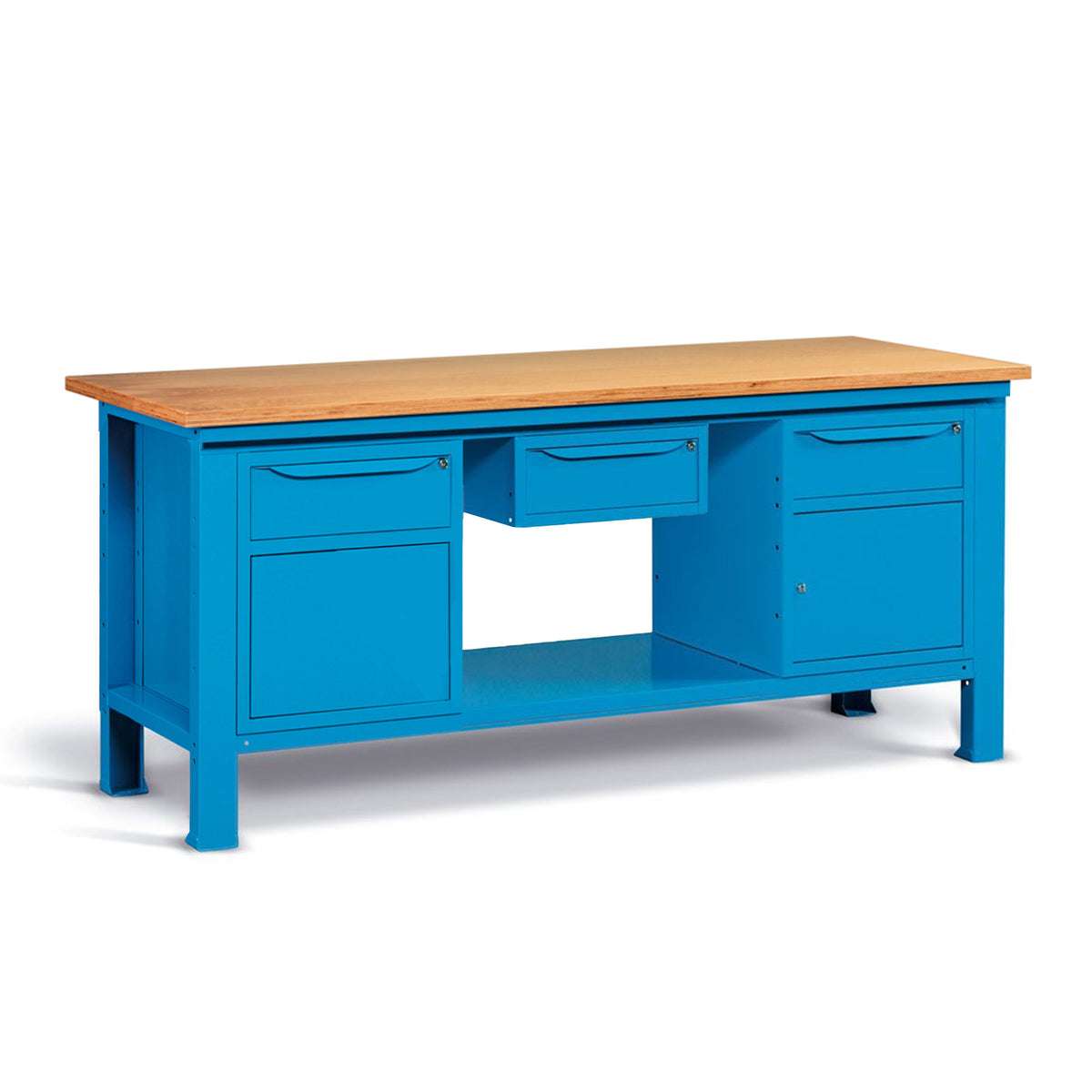 Banco da lavoro per officina piano in legno 2000 X 750 X 880 H - 2 armadi 1 cassetto 1 porta + 1 armadio 1 cassetto - FAMI - Blu