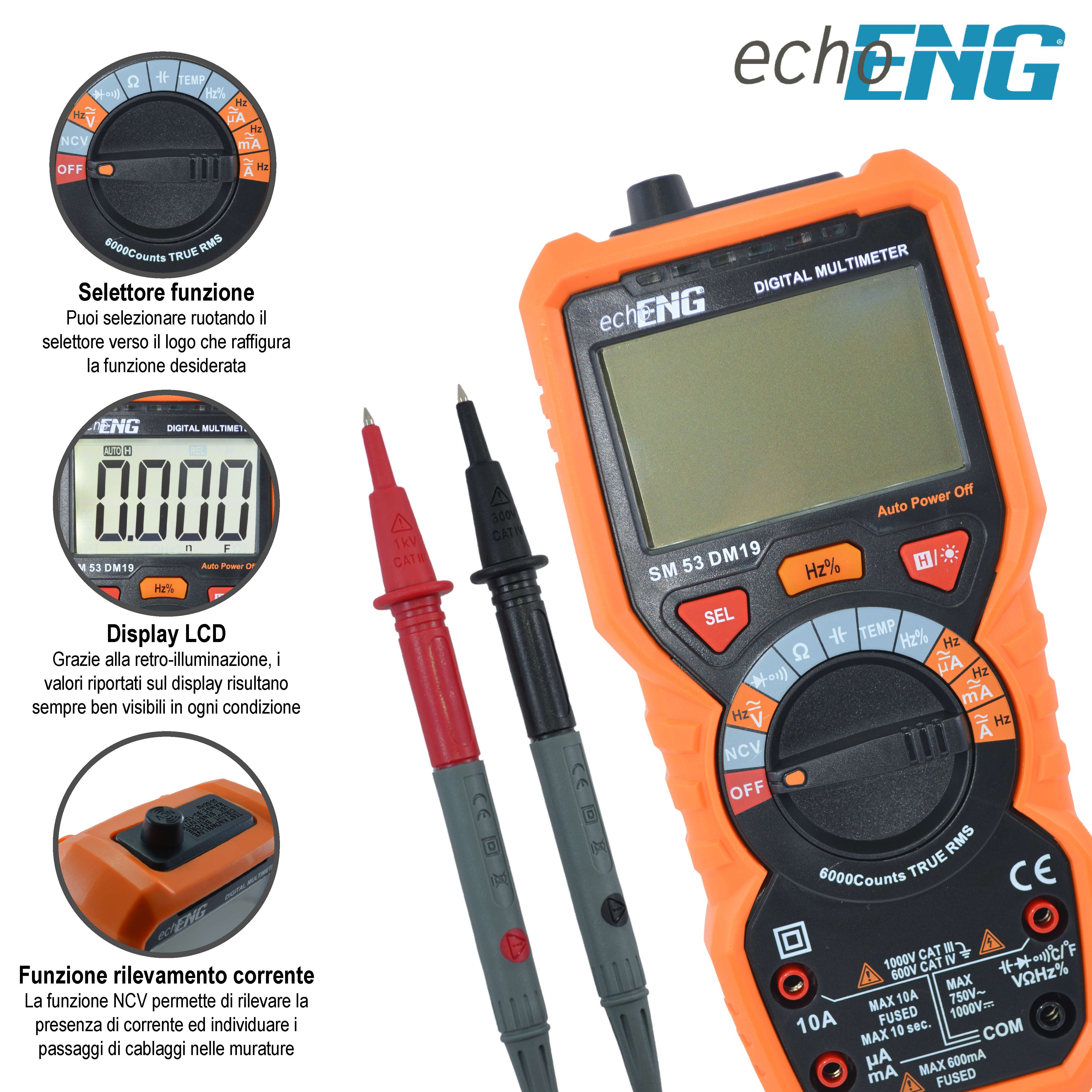 Multimetro Digitale 6000Counts 600V CAT IV e 1000V CAT III - echoENG SM 53 DM19