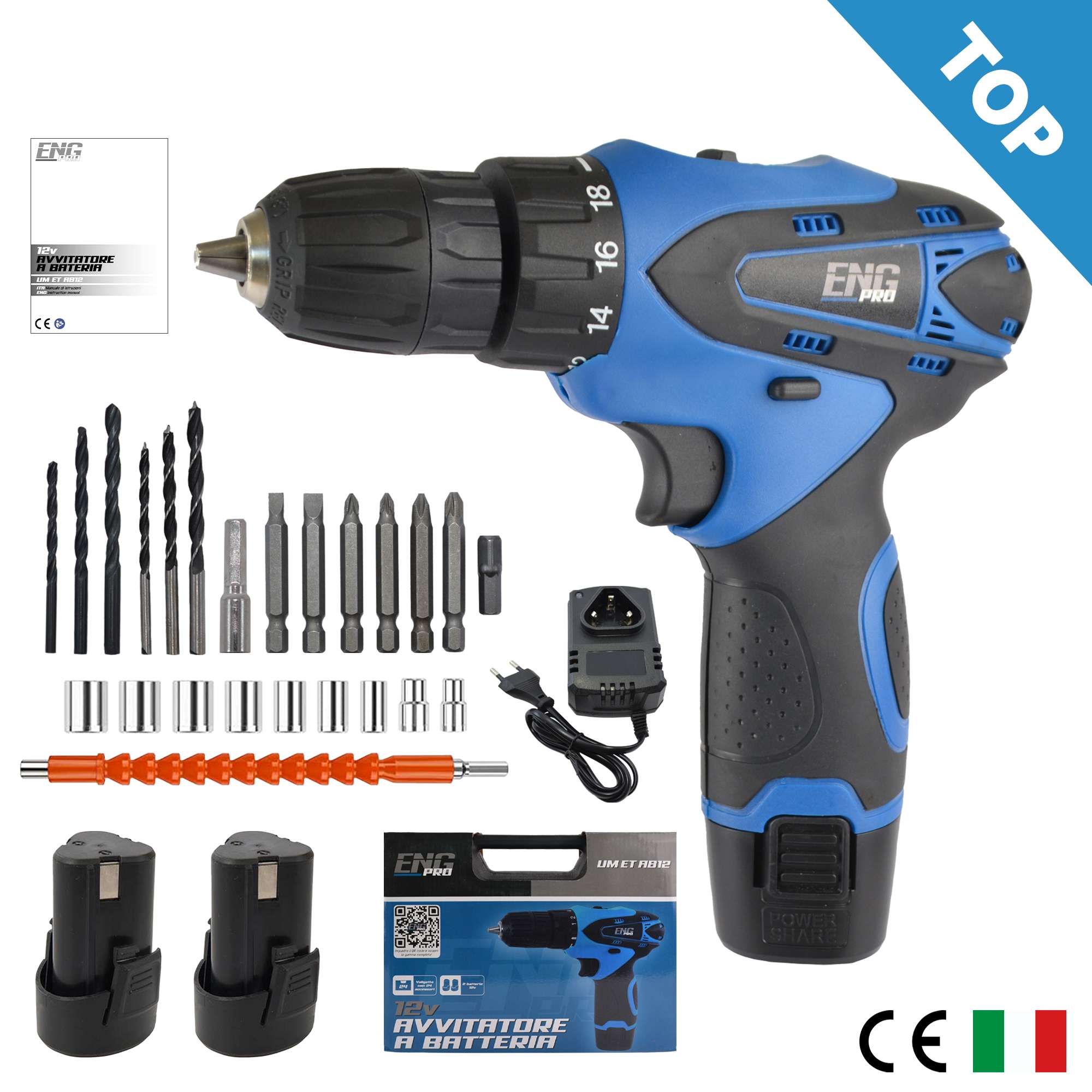 Trapano avvitatore a batteria 12V, valigetta 24 accessori - ENG PRO - UM ET AB12