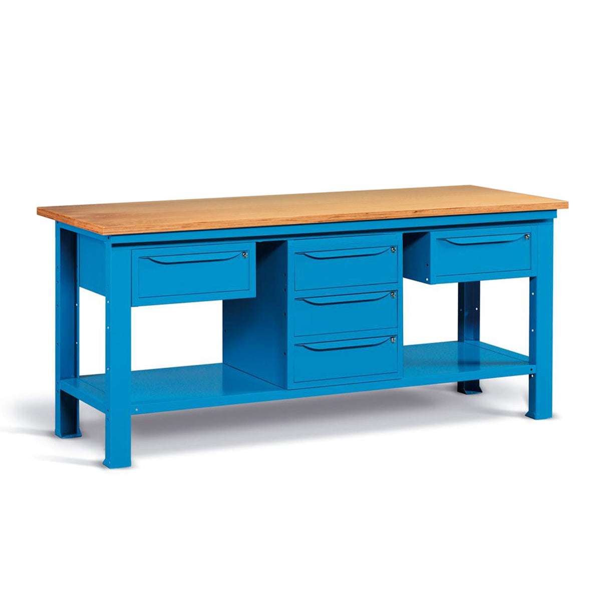 Banco da lavoro per officina piano in legno 2000 X 750 X 880 H - 2 armadi 1 cassetto + 1 armadio 3 cassetti - FAMI - Blu