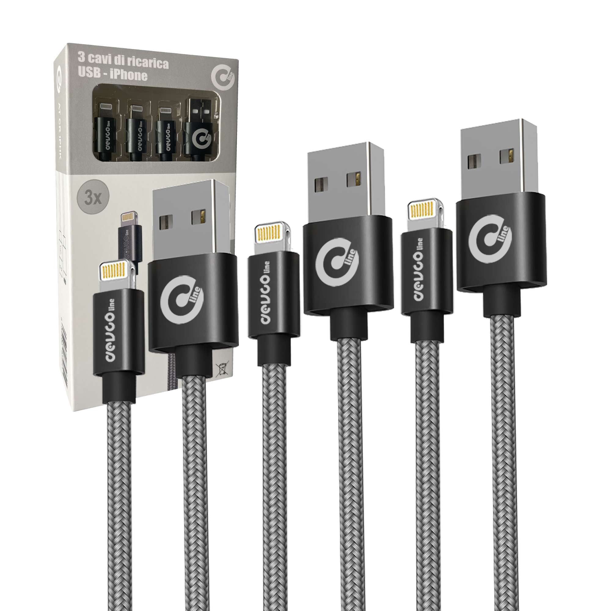 Kit set di 3 cavi USB iPhone (1m , 2m , 3m) attacco USB-A - DEVCOline ATCR IPHK